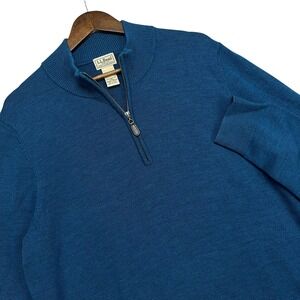 LL Bean Mens Merino Wool 1/4 Quarter Zip Sweater Blue L Tall Pullover Knit